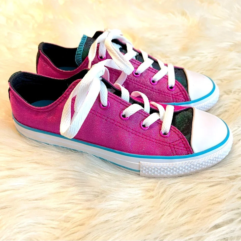 Converse All Star Sneakers Shoes Size 2 Youth Pink Sparkle Shine Double Tongue